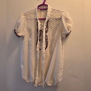 Devoted Cream Heart Print Blouse - Ruffle Lace Trim & Bow Tie